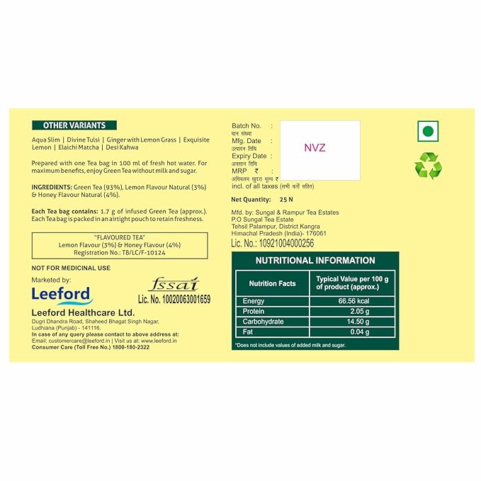 Leeford Green Tea Lemon With Honey - 25 Bags (Pack of 2)